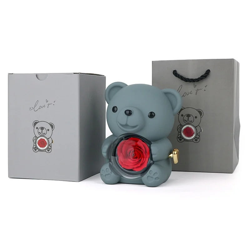 EBUTY Red Hug Bear Rotating Rose Flower Gift Box Lovely Bear Jewelry Box For Girl/Women (Without Ring)