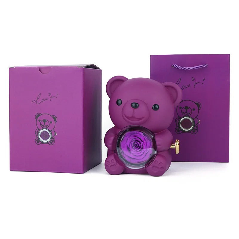 EBUTY Red Hug Bear Rotating Rose Flower Gift Box Lovely Bear Jewelry Box For Girl/Women (Without Ring)