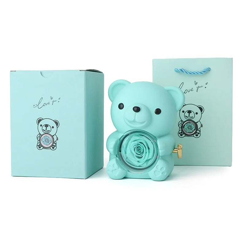EBUTY Red Hug Bear Rotating Rose Flower Gift Box Lovely Bear Jewelry Box For Girl/Women (Without Ring)