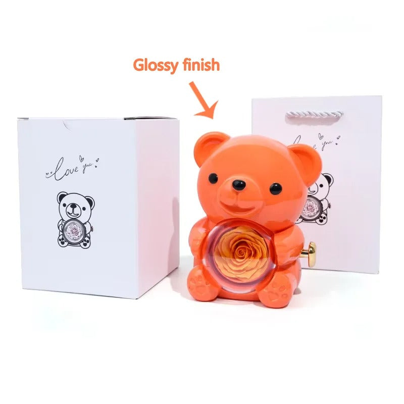 EBUTY Red Hug Bear Rotating Rose Flower Gift Box Lovely Bear Jewelry Box For Girl/Women (Without Ring)