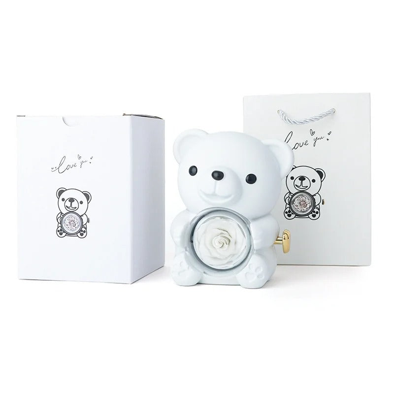 EBUTY Red Hug Bear Rotating Rose Flower Gift Box Lovely Bear Jewelry Box For Girl/Women (Without Ring)