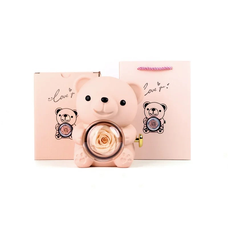 EBUTY Red Hug Bear Rotating Rose Flower Gift Box Lovely Bear Jewelry Box For Girl/Women (Without Ring)