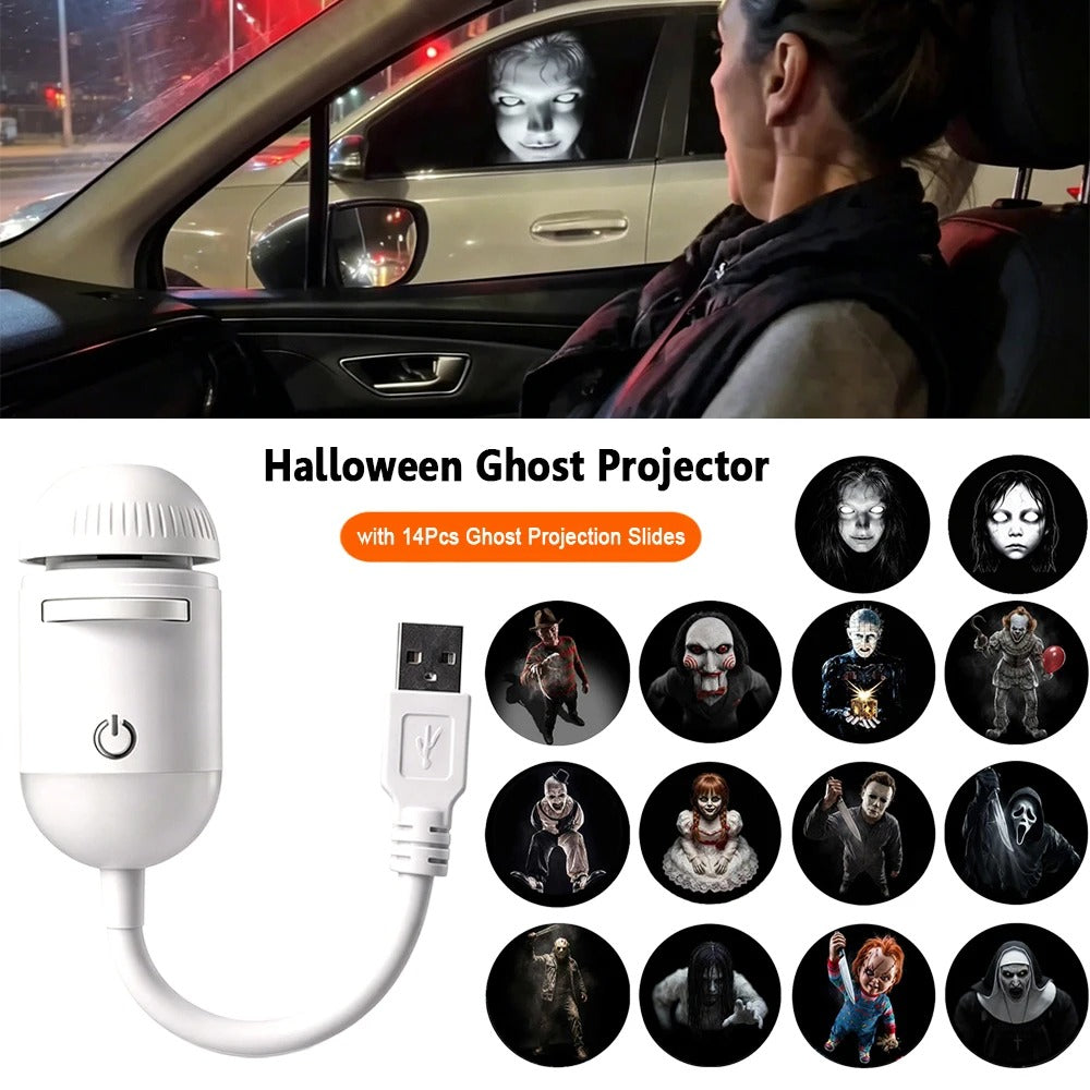 Portable LED Halloween Projection Night Light with 14 Horror Ghost Slides for Window Wall Ceiling Car Halloween Scene Decor