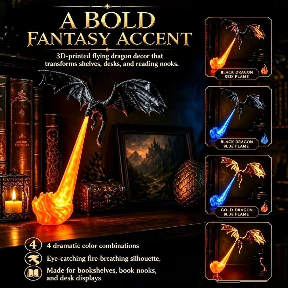 3D Printed Fire Breathing Dragon Bookshelf Nook Light LED Book Corner Lamp Ornament Dragon Statue Desktop Home Decor Party Gifts