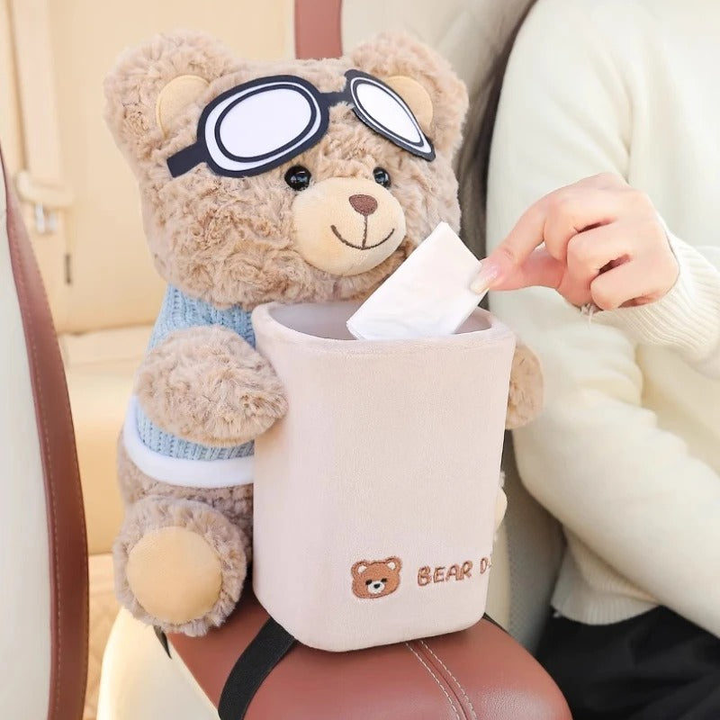 Cute Bear Car Tissue Holder and Bin 2-in-1, Car Armrest Storage Rack