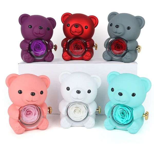 EBUTY Red Hug Bear Rotating Rose Flower Gift Box Lovely Bear Jewelry Box For Girl/Women (Without Ring)