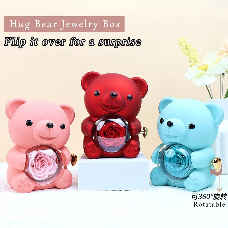 EBUTY Red Hug Bear Rotating Rose Flower Gift Box Lovely Bear Jewelry Box For Girl/Women (Without Ring)