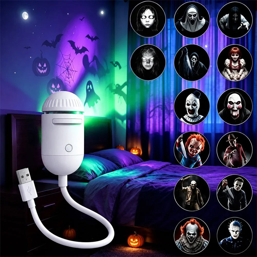 Portable LED Halloween Projection Night Light with 14 Horror Ghost Slides for Window Wall Ceiling Car Halloween Scene Decor