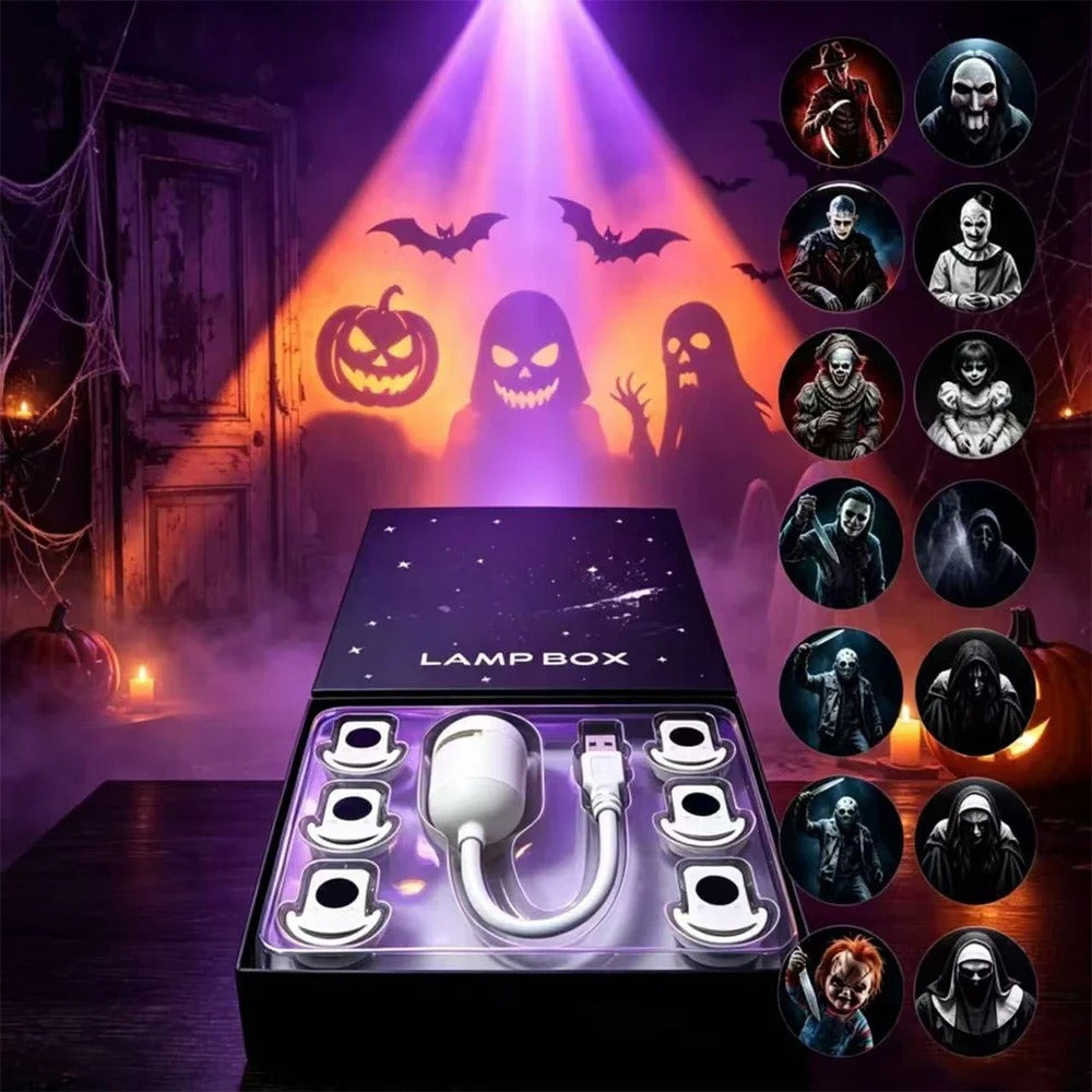 Portable LED Halloween Projection Night Light with 14 Horror Ghost Slides for Window Wall Ceiling Car Halloween Scene Decor