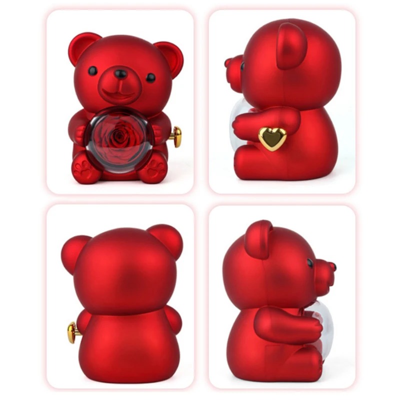 EBUTY Red Hug Bear Rotating Rose Flower Gift Box Lovely Bear Jewelry Box For Girl/Women (Without Ring)