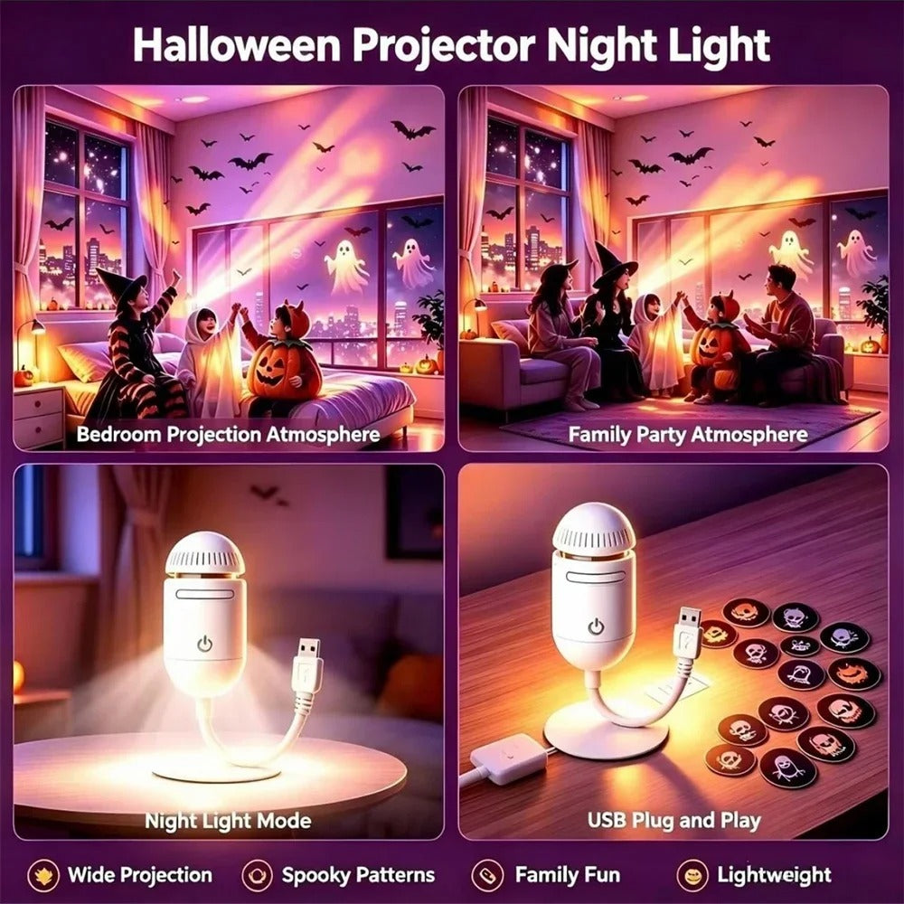 Portable LED Halloween Projection Night Light with 14 Horror Ghost Slides for Window Wall Ceiling Car Halloween Scene Decor