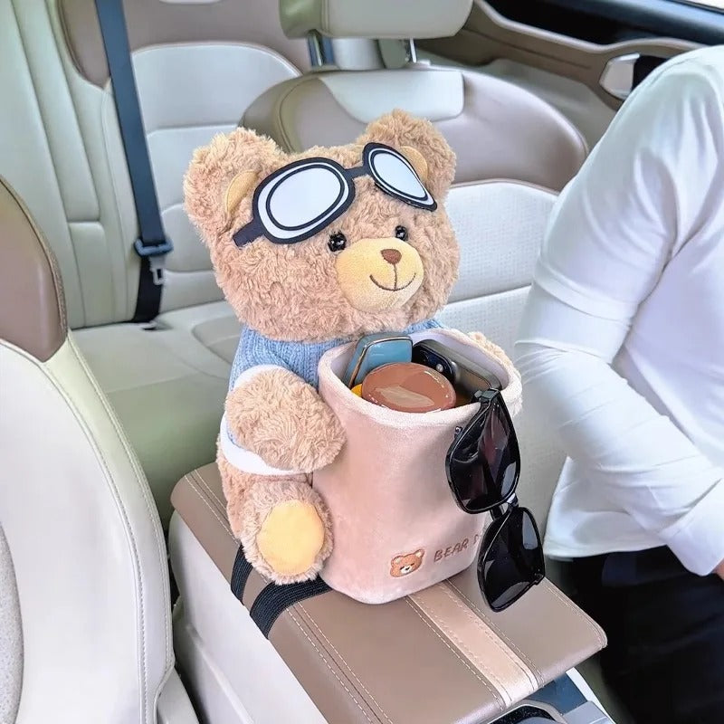 Cute Bear Car Tissue Holder and Bin 2-in-1, Car Armrest Storage Rack