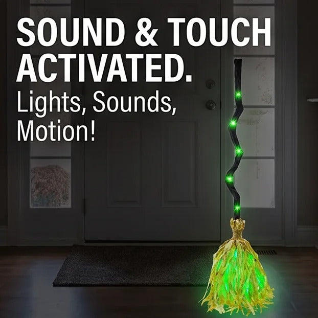 1pc Animated Witch Broom with Light and Sound Moving Broomstick Halloween Decor for Haunted House Party Indoor Display