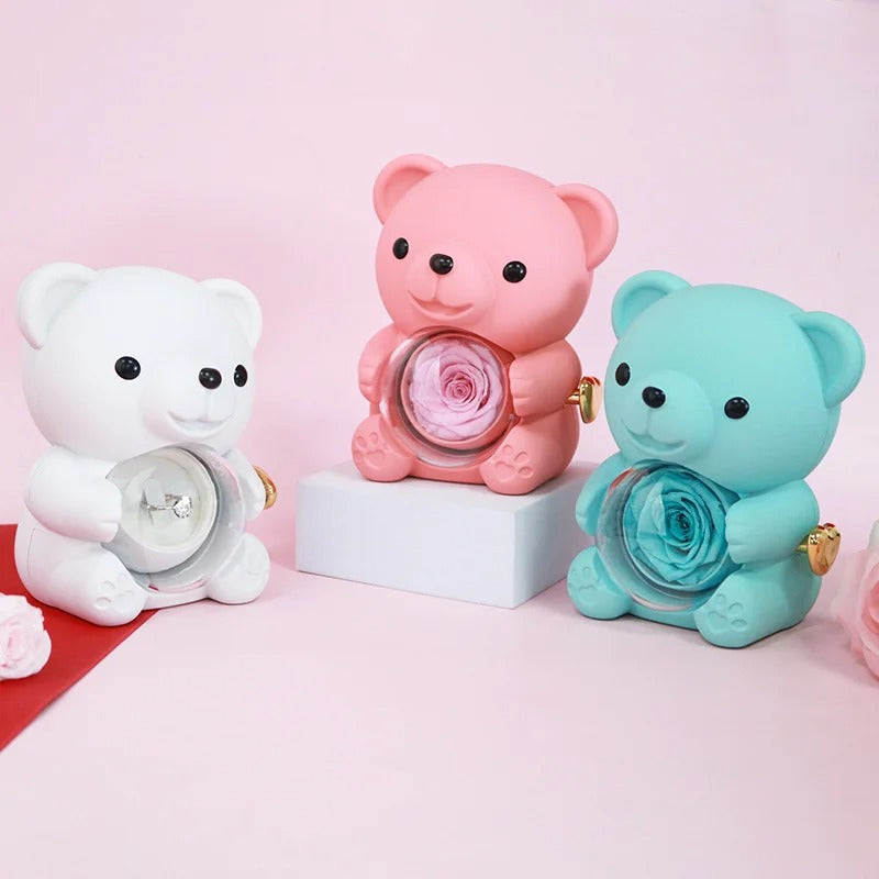 EBUTY Red Hug Bear Rotating Rose Flower Gift Box Lovely Bear Jewelry Box For Girl/Women (Without Ring)