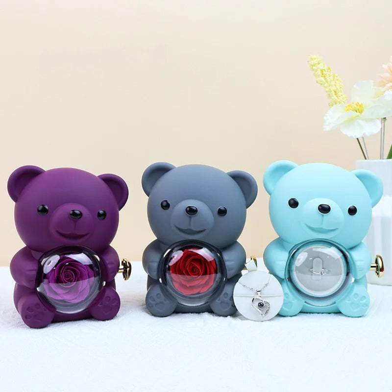 EBUTY Red Hug Bear Rotating Rose Flower Gift Box Lovely Bear Jewelry Box For Girl/Women (Without Ring)