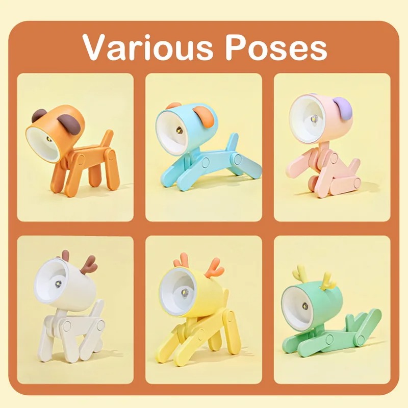 LED Night Light Mini Folding Desk Lamp Cute Pet Lights Dog Deer Portable Night Light Student Living Room Decor Gift