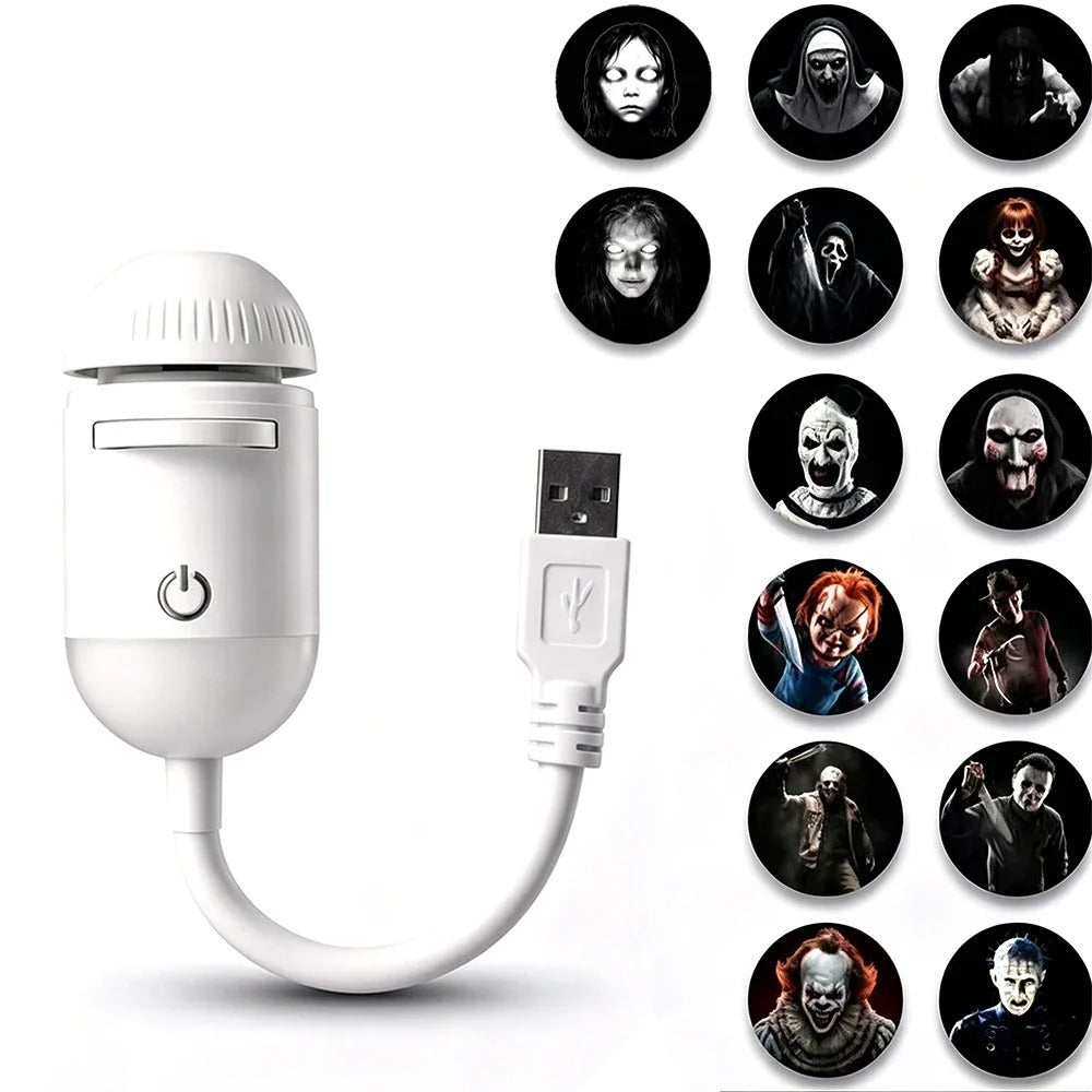 Portable LED Halloween Projection Night Light with 14 Horror Ghost Slides for Window Wall Ceiling Car Halloween Scene Decor