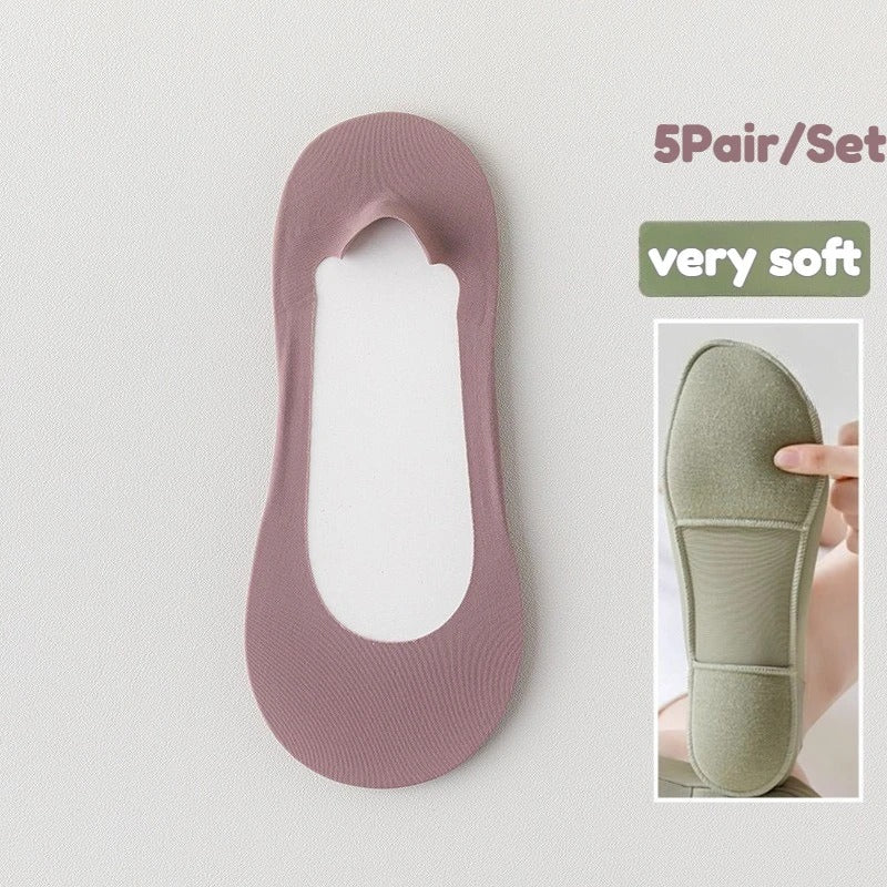 5Pair-Set Non-Slip Women Invisible Boat Socks with Silicone Heel,Ultra Low Cut Hidden Socks Flats,Loafers,Sneakers,All Day Wear