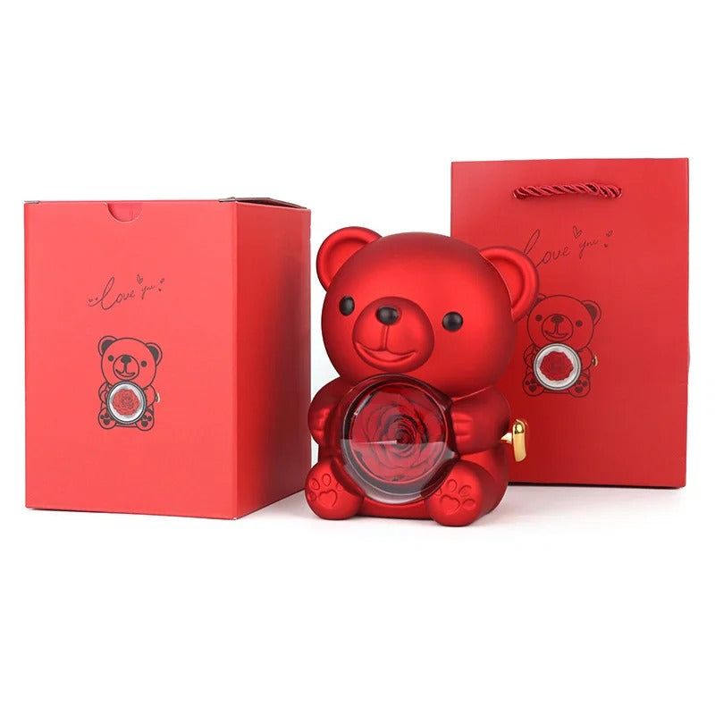 EBUTY Red Hug Bear Rotating Rose Flower Gift Box Lovely Bear Jewelry Box For Girl/Women (Without Ring)