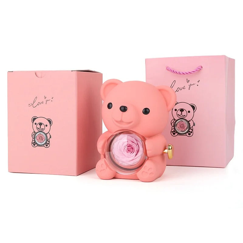 EBUTY Red Hug Bear Rotating Rose Flower Gift Box Lovely Bear Jewelry Box For Girl/Women (Without Ring)
