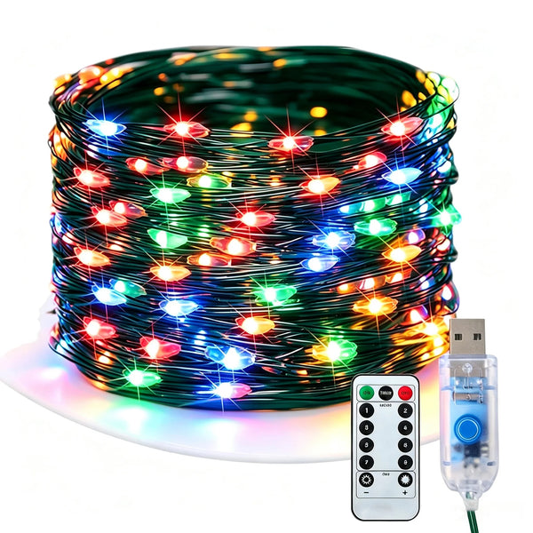 USB Powered LED Green Copper Wire String Lights 8 Modes Fairy Garland Light Holiday Decor Light for Christmas Tree Party Wedding